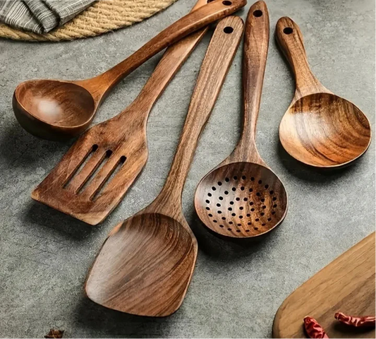 Atteeo Natural Teak Wood Cooking Spoons - Premium Wooden Utensil Set for Non-Stick Cookware