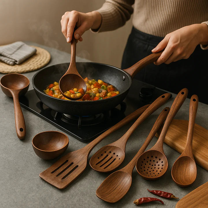 Atteeo Natural Teak Wood Cooking Spoons - Premium Wooden Utensil Set for Non-Stick Cookware
