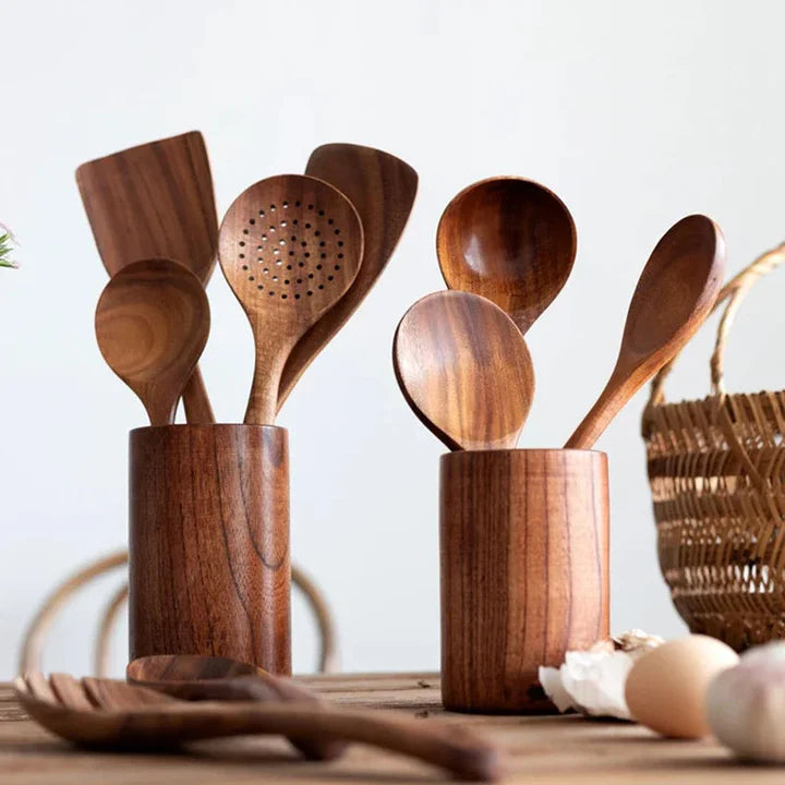 Atteeo Natural Teak Wood Cooking Spoons - Premium Wooden Utensil Set for Non-Stick Cookware