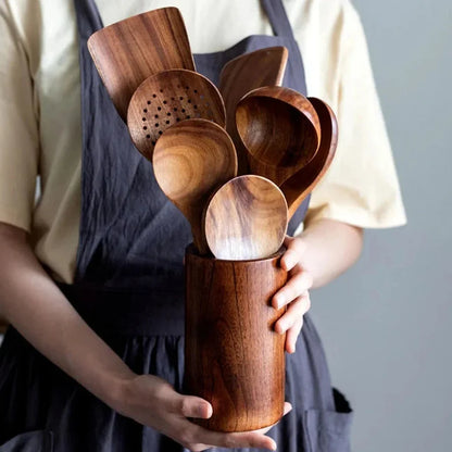 Atteeo Natural Teak Wood Cooking Spoons - Premium Wooden Utensil Set for Non-Stick Cookware