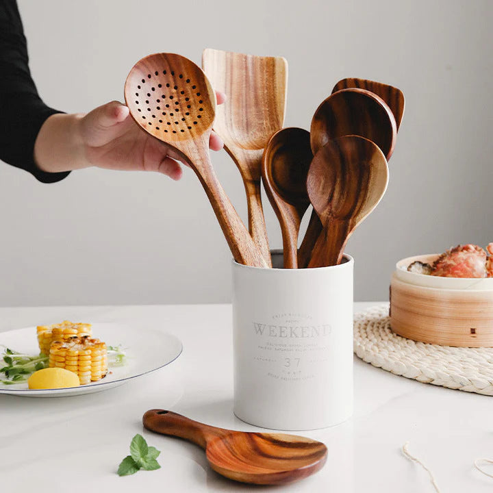 Atteeo Natural Teak Wood Cooking Spoons - Premium Wooden Utensil Set for Non-Stick Cookware