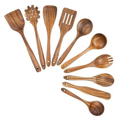 Atteeo Natural Teak Wood Cooking Spoons - Premium Wooden Utensil Set for Non-Stick Cookware