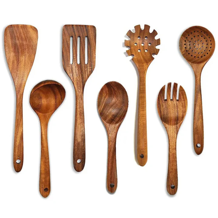 Atteeo Natural Teak Wood Cooking Spoons - Premium Wooden Utensil Set for Non-Stick Cookware