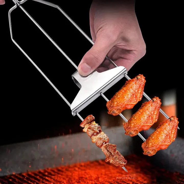 Atteeo 3-Prong BBQ Grill Skewers - Heavy Duty Stainless Steel Kabob Set with Food Pusher