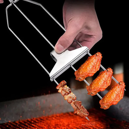 Atteeo 3-Prong BBQ Grill Skewers - Heavy Duty Stainless Steel Kabob Set with Food Pusher