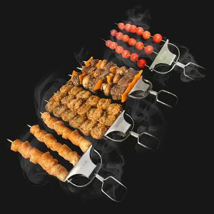Atteeo 3-Prong BBQ Grill Skewers - Heavy Duty Stainless Steel Kabob Set with Food Pusher