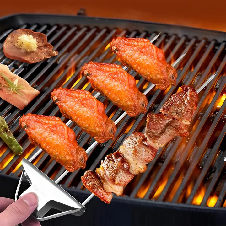 Atteeo 3-Prong BBQ Grill Skewers - Heavy Duty Stainless Steel Kabob Set with Food Pusher
