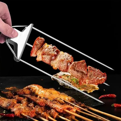 Atteeo 3-Prong BBQ Grill Skewers - Heavy Duty Stainless Steel Kabob Set with Food Pusher